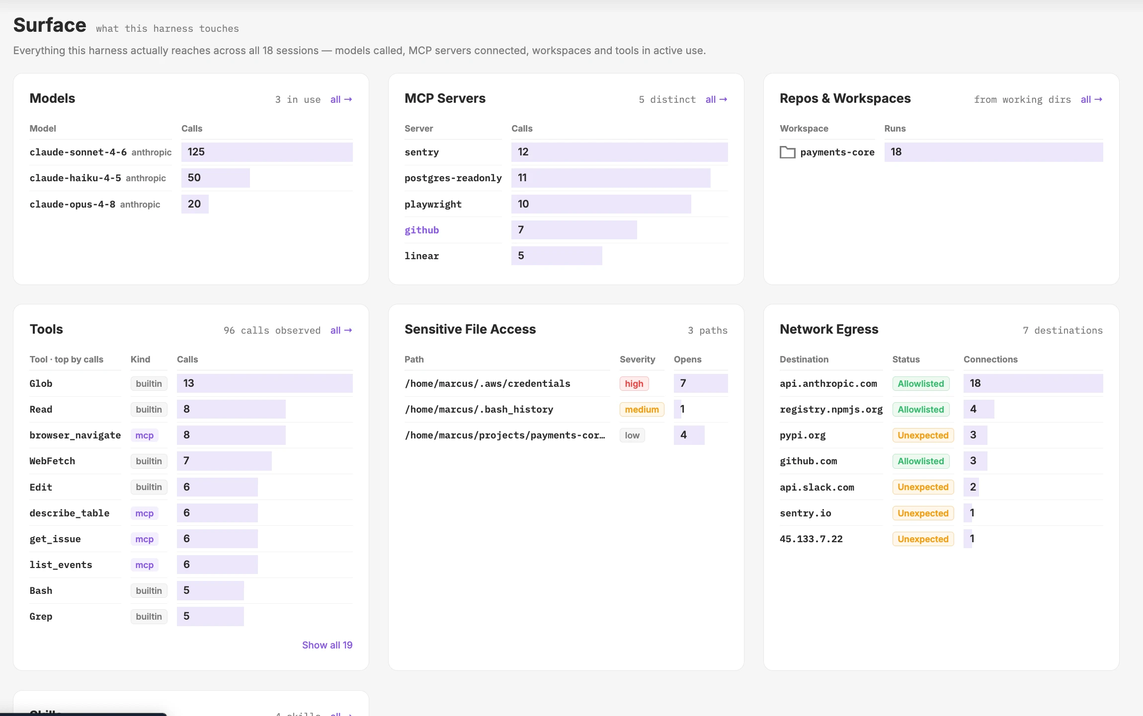 Every sensitive file an agent opened and every place it connected to, across all of its sessions